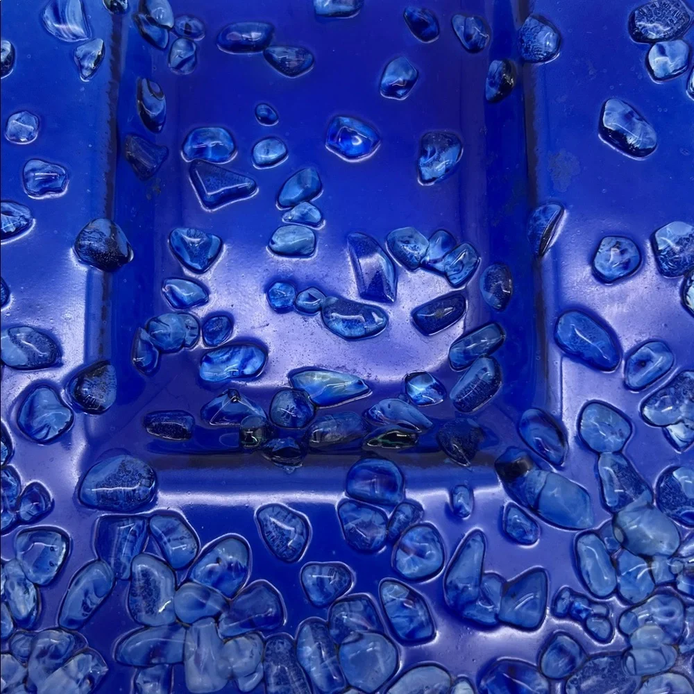 Fused Glass Art Tray Serving Platter with Pebble Finish and Blue Daisy Design